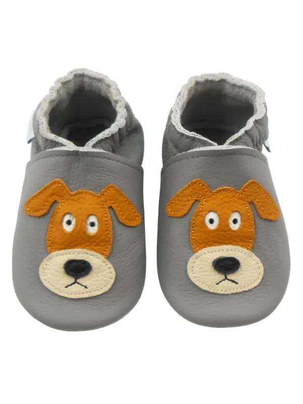 Basrakids Graue Baby-Leder-Laufschuhe, komfortabel mit rutschfester Sohle - mit Hundemotiv Sale