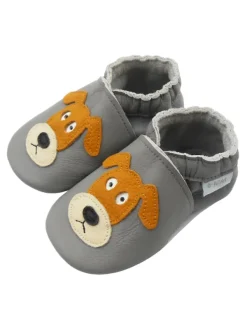 Basrakids Graue Baby-Leder-Laufschuhe, komfortabel mit rutschfester Sohle - mit Hundemotiv Sale