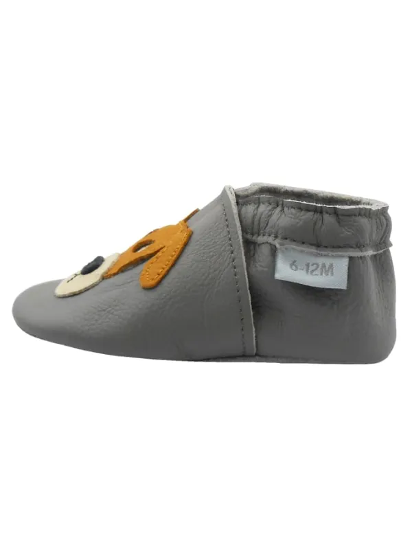 Basrakids Graue Baby-Leder-Laufschuhe, komfortabel mit rutschfester Sohle - mit Hundemotiv Sale