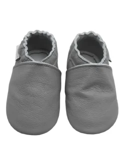 Bemesu Graue Leder Krabbelschuhe für Babys mit weicher rutschfester Sohle> Krabbelschuhe