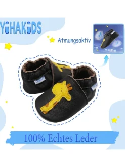 Yihakids Hellbraune Baby-Leder-Laufanfänger mit rutschfester Sohle – Giraffenmuster> Krabbelschuhe