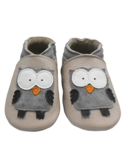 Bemesu Hellrosa Baby-Leder-Laufschuhe, komfortabel mit rutschfester Sohle - Eulenmotiv> Krabbelschuhe