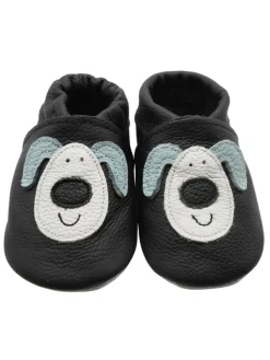 Yihakids Schwarze Baby Leder Krabbelschuhe, mit rutschfester Sohle – Hund-Muster New