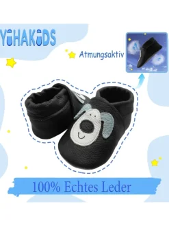 Yihakids Schwarze Baby Leder Krabbelschuhe, mit rutschfester Sohle – Hund-Muster New