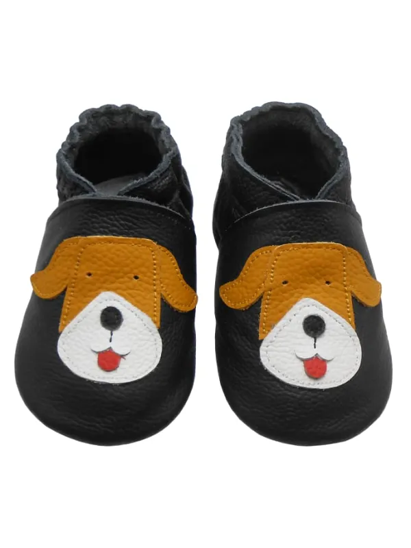 Basrakids Schwarze Baby-Leder-Laufschuhe, komfortabel mit rutschfester Sohle - Mops-Motiv> Krabbelschuhe