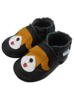 Basrakids Schwarze Baby-Leder-Laufschuhe, komfortabel mit rutschfester Sohle - Mops-Motiv> Krabbelschuhe