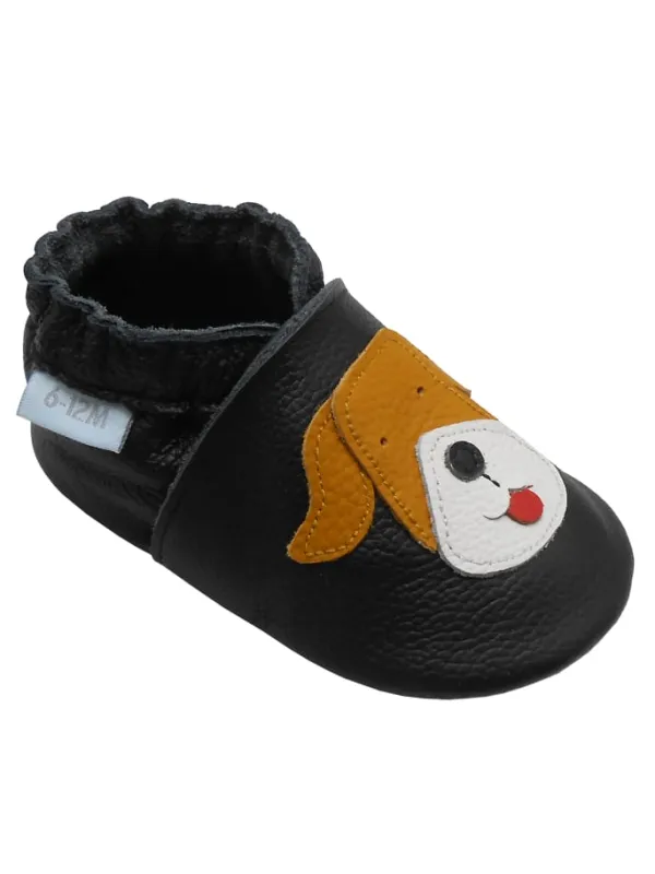 Basrakids Schwarze Baby-Leder-Laufschuhe, komfortabel mit rutschfester Sohle - Mops-Motiv> Krabbelschuhe