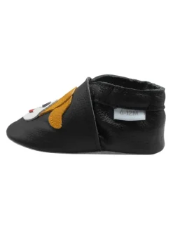 Basrakids Schwarze Baby-Leder-Laufschuhe, komfortabel mit rutschfester Sohle - Mops-Motiv><noscript><img width=