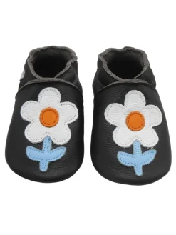 Bemesu Schwarze Baby-Leder-Laufschuhe, komfortabel mit rutschfester Sohle - Blumenmotiv> Krabbelschuhe