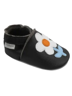 Bemesu Schwarze Baby-Leder-Laufschuhe, komfortabel mit rutschfester Sohle - Blumenmotiv> Krabbelschuhe