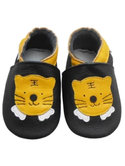 Bemesu Schwarze Baby-Leder-Laufschuhe, komfortabel mit rutschfester Sohle - Tigermotiv> Krabbelschuhe
