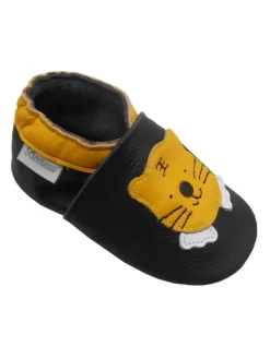 Bemesu Schwarze Baby-Leder-Laufschuhe, komfortabel mit rutschfester Sohle - Tigermotiv> Krabbelschuhe