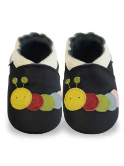 Yihakids Schwarze Baby-Leder-Laufschuhe, komfortabel mit rutschfester Sohle - Raupenmotiv> Krabbelschuhe