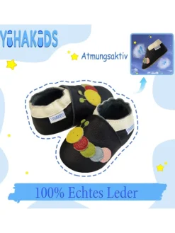 Yihakids Schwarze Baby-Leder-Laufschuhe, komfortabel mit rutschfester Sohle - Raupenmotiv> Krabbelschuhe
