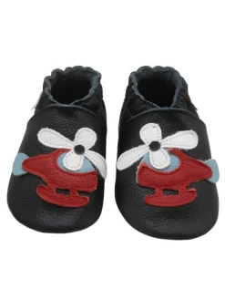 Bemesu Schwarze Baby-Leder-Laufschuhe, komfortabel mit rutschfester Sohle-Flugzeugmotiv Sale
