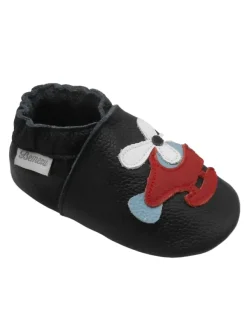 Bemesu Schwarze Baby-Leder-Laufschuhe, komfortabel mit rutschfester Sohle-Flugzeugmotiv Sale