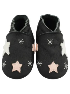 Bemesu Schwarze Baby-Lederschuhe, rutschfeste Sohle mit Schneeflocken- und Sternmuster> Krabbelschuhe