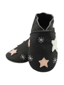 Bemesu Schwarze Baby-Lederschuhe, rutschfeste Sohle mit Schneeflocken- und Sternmuster> Krabbelschuhe