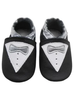 Bemesu Schwarze Leder Krabbelschuhe für Babys mit rutschfester Sohle – Schleifen-Muster> Krabbelschuhe