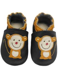 Bemesu Schwarze Leder Krabbelschuhe für Babys mit rutschfester Sohle – Affen-Muster> Krabbelschuhe