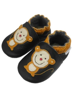 Bemesu Schwarze Leder Krabbelschuhe für Babys mit rutschfester Sohle – Affen-Muster> Krabbelschuhe